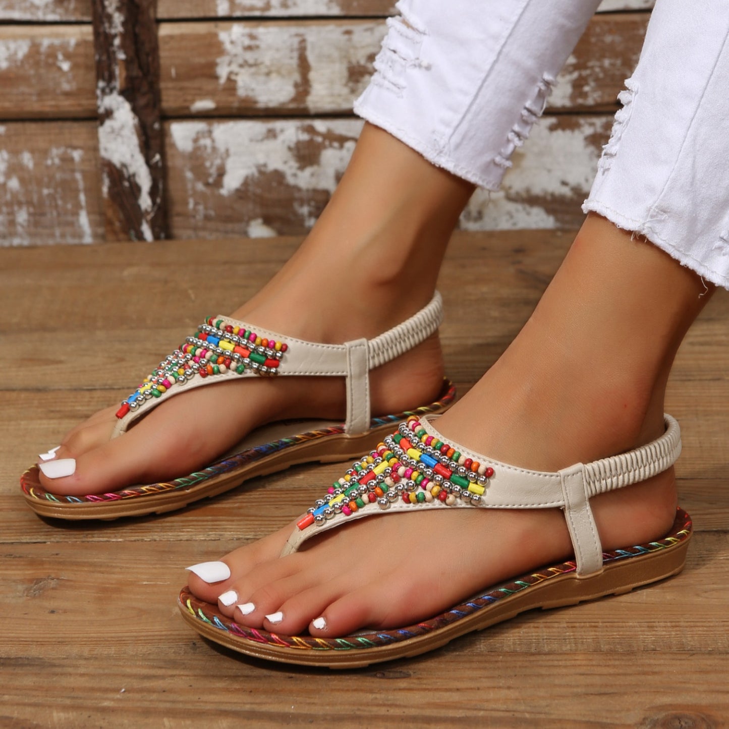 Beaded PU Leather Open Toe Sandals  Trendsi   