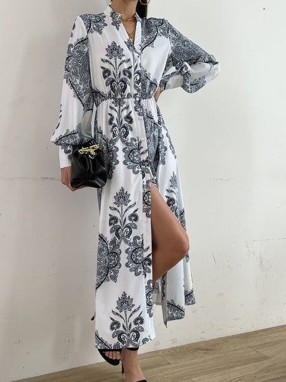 Printed Notched Lantern Sleeve Midi Dress  Trendsi   