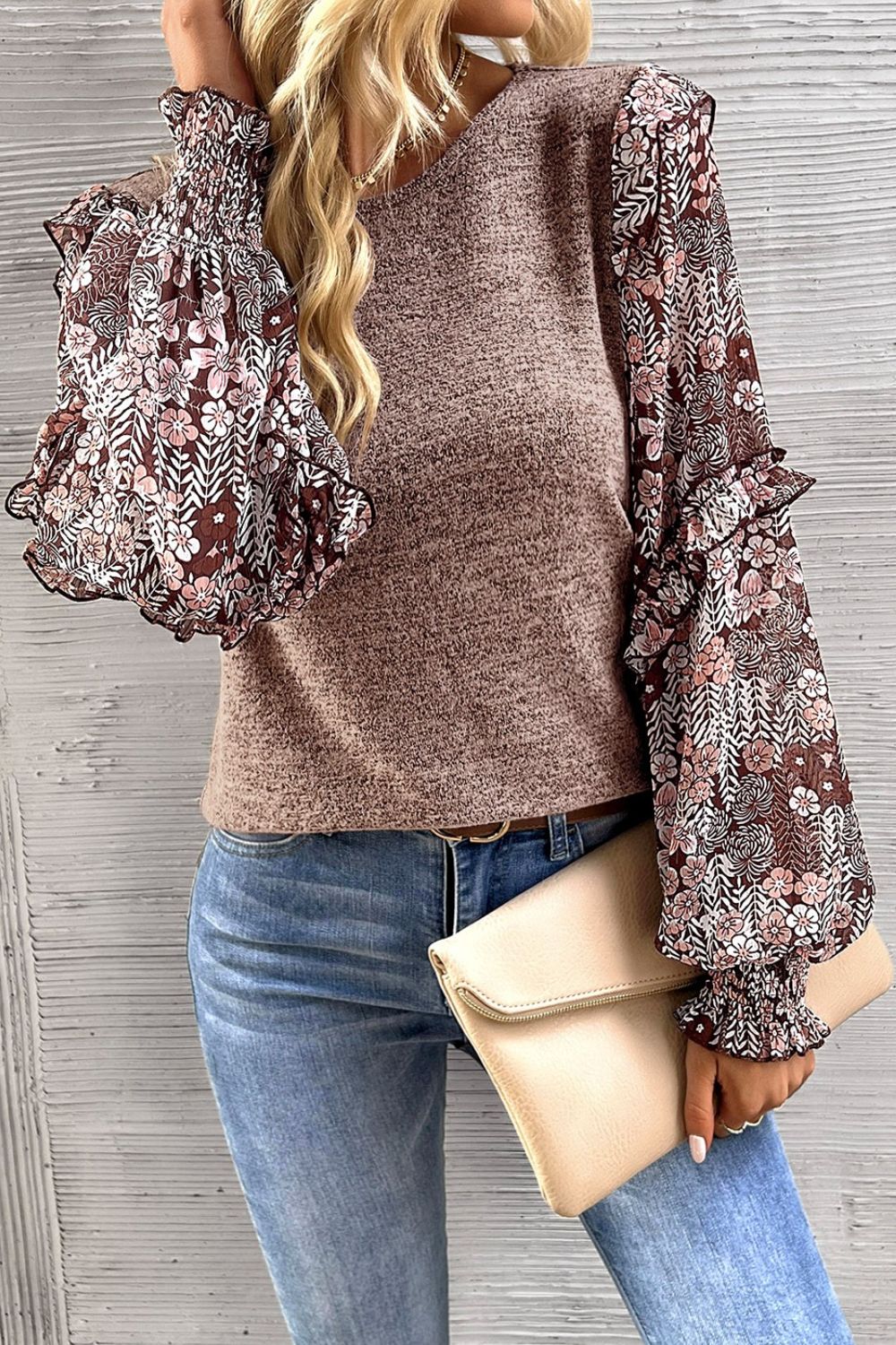 Heathered Floral Frill Lantern Sleeve Blouse Blouse Trendsi   