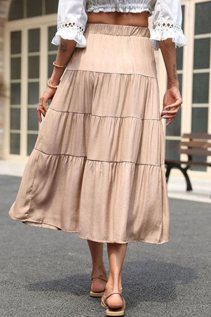 Perfee Elastic Waist Tiered Midi Skirt