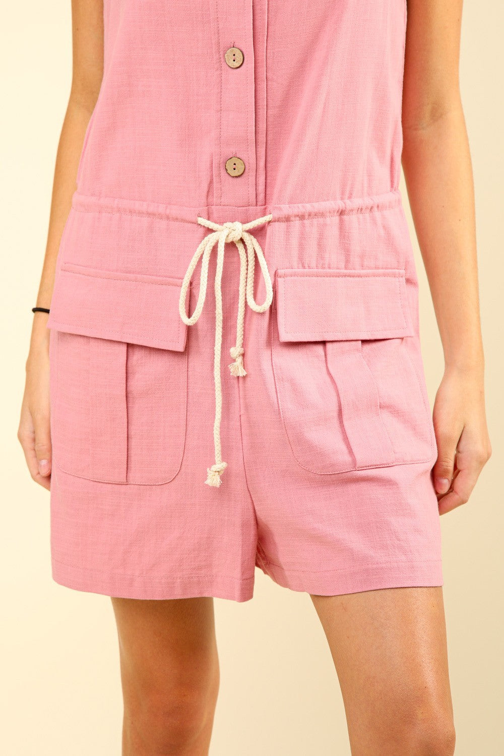 VERY J Half Button Drawstring Sleeveless Romper  Trendsi   