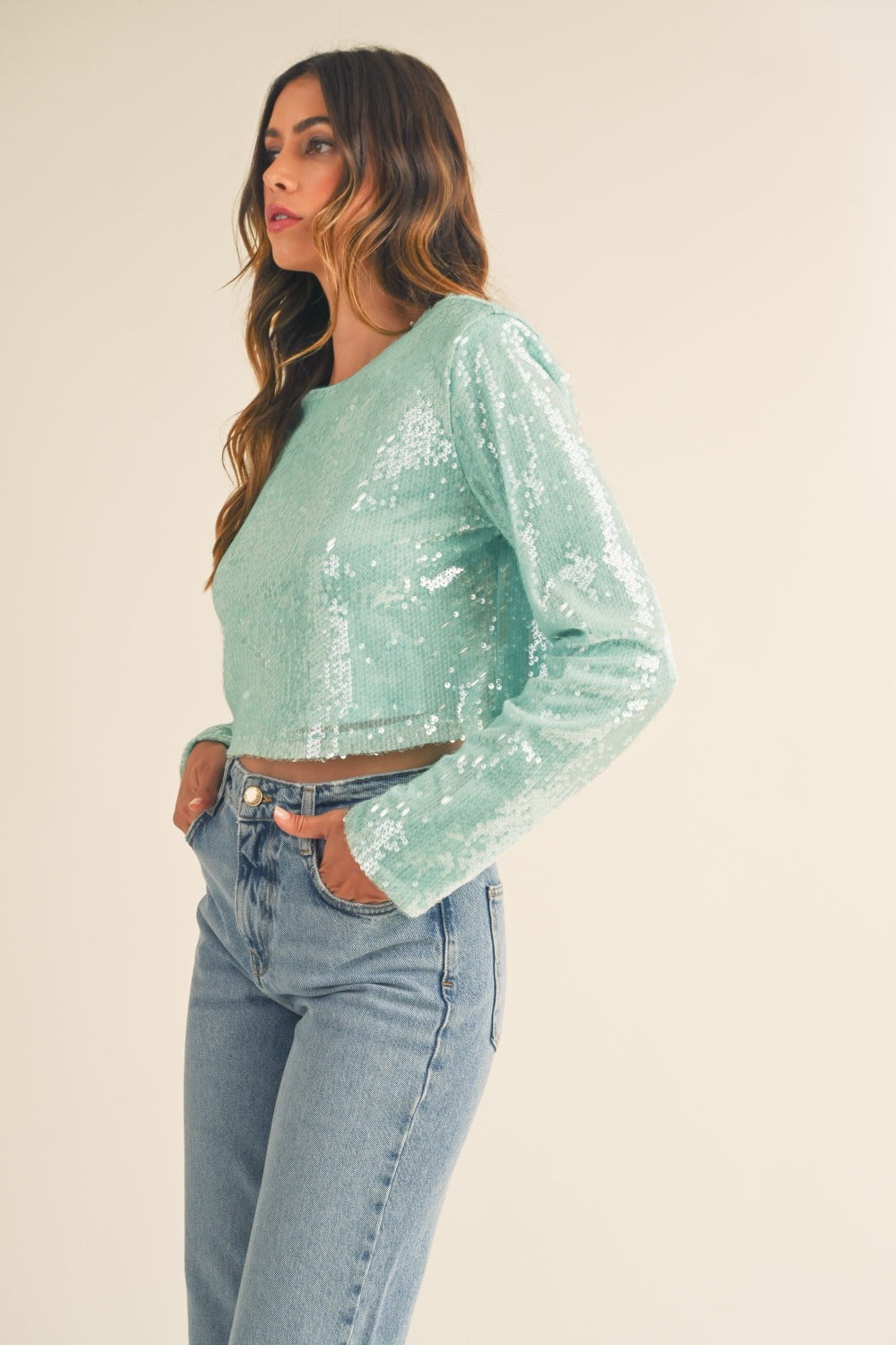 MABLE Shoulder Padded Sequin Crop Top  Trendsi   