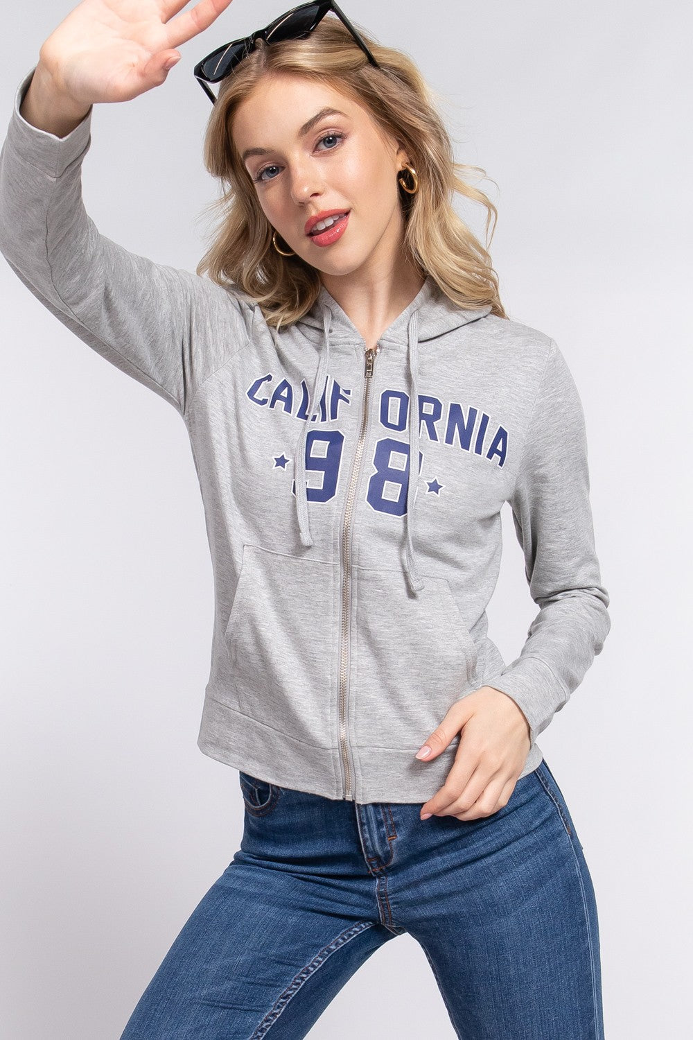 ACTIVE BASIC CALIFORNIA Zip Up Drawstring Long Sleeve Hoodie  Trendsi   