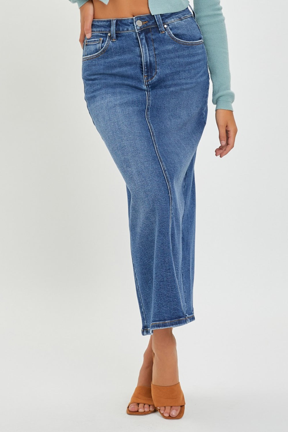 RISEN High Rise Back Slit Denim Skirt  Trendsi   