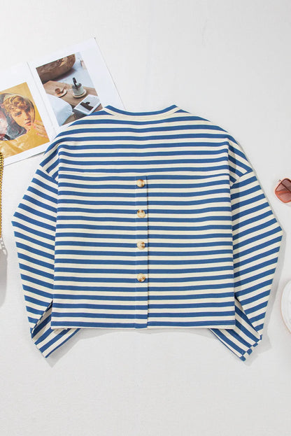 Striped Notched Long Sleeve Top Blouse Trendsi   