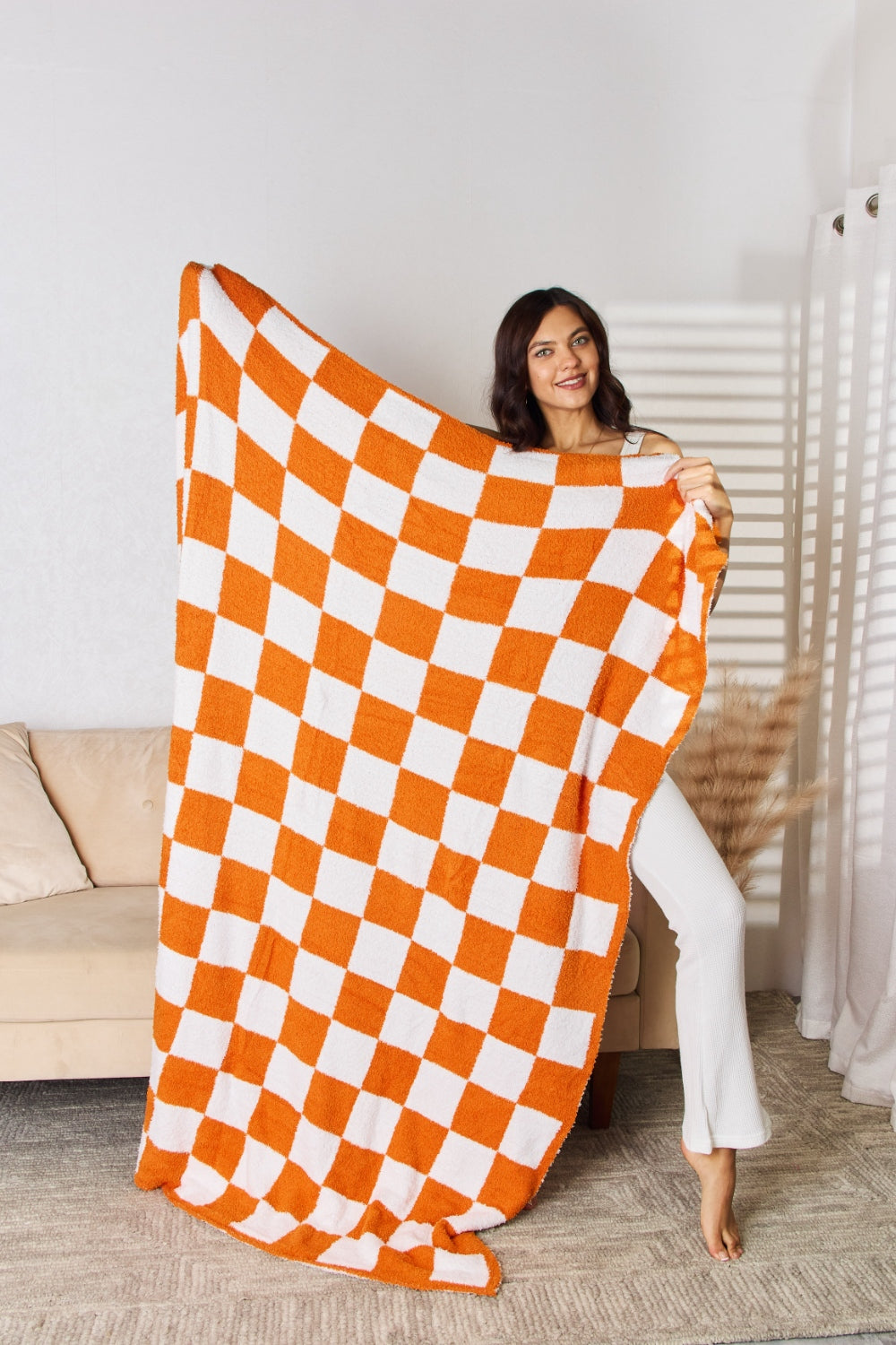 Cuddley Checkered Decorative Throw Blanket  Trendsi Orange One Size 