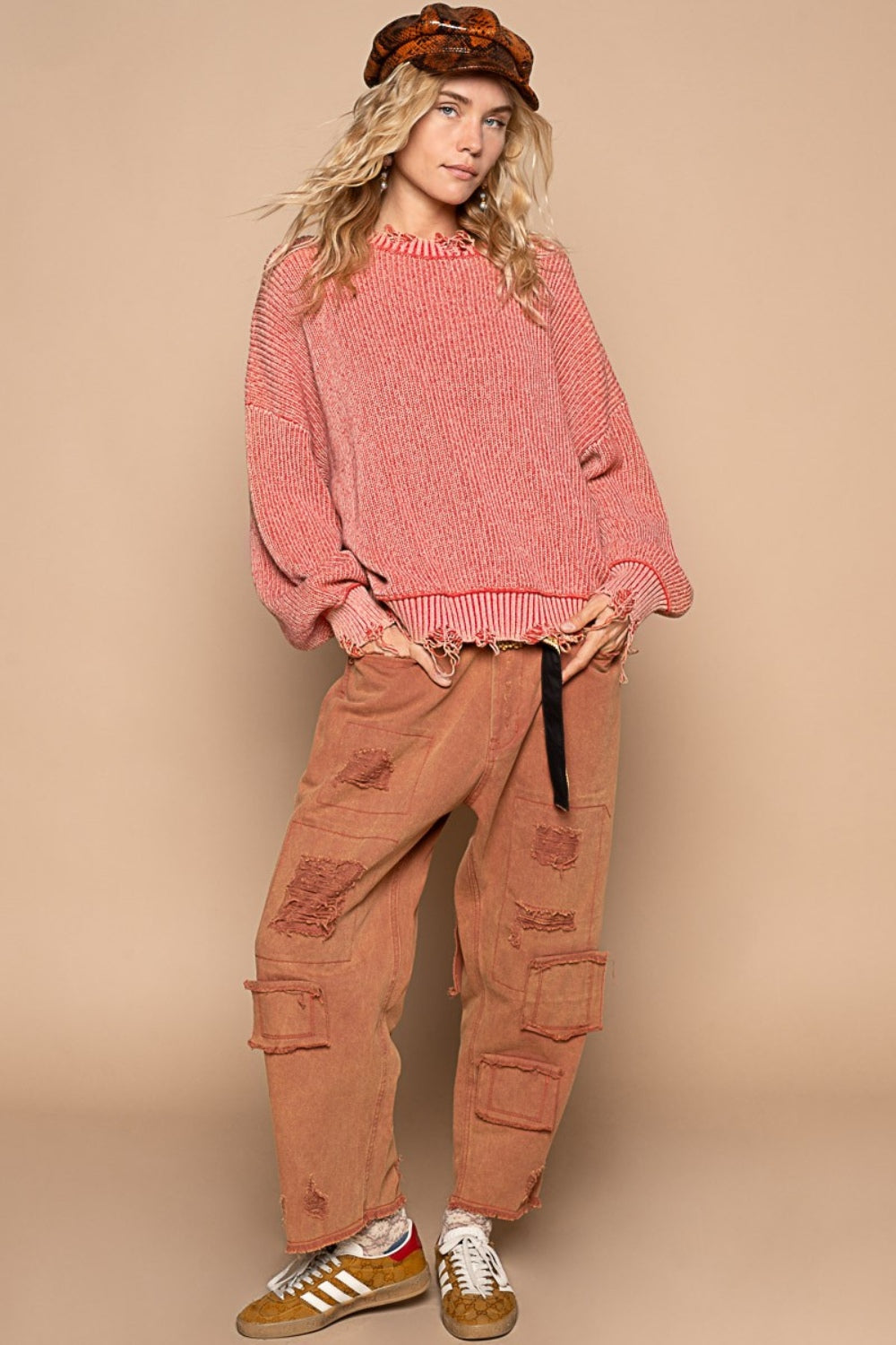 POL Distressed Washed Drop Shoulder Sweater  Trendsi   