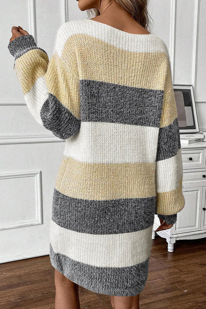 Color Block Boat Neck Long Sleeve Sweater Dress Dress Trendsi   