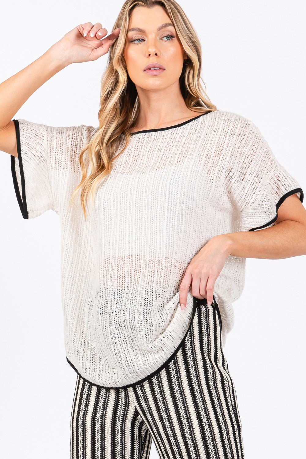 GeeGee Contrast Trim Short Sleeve Knit Cover Up  Trendsi   