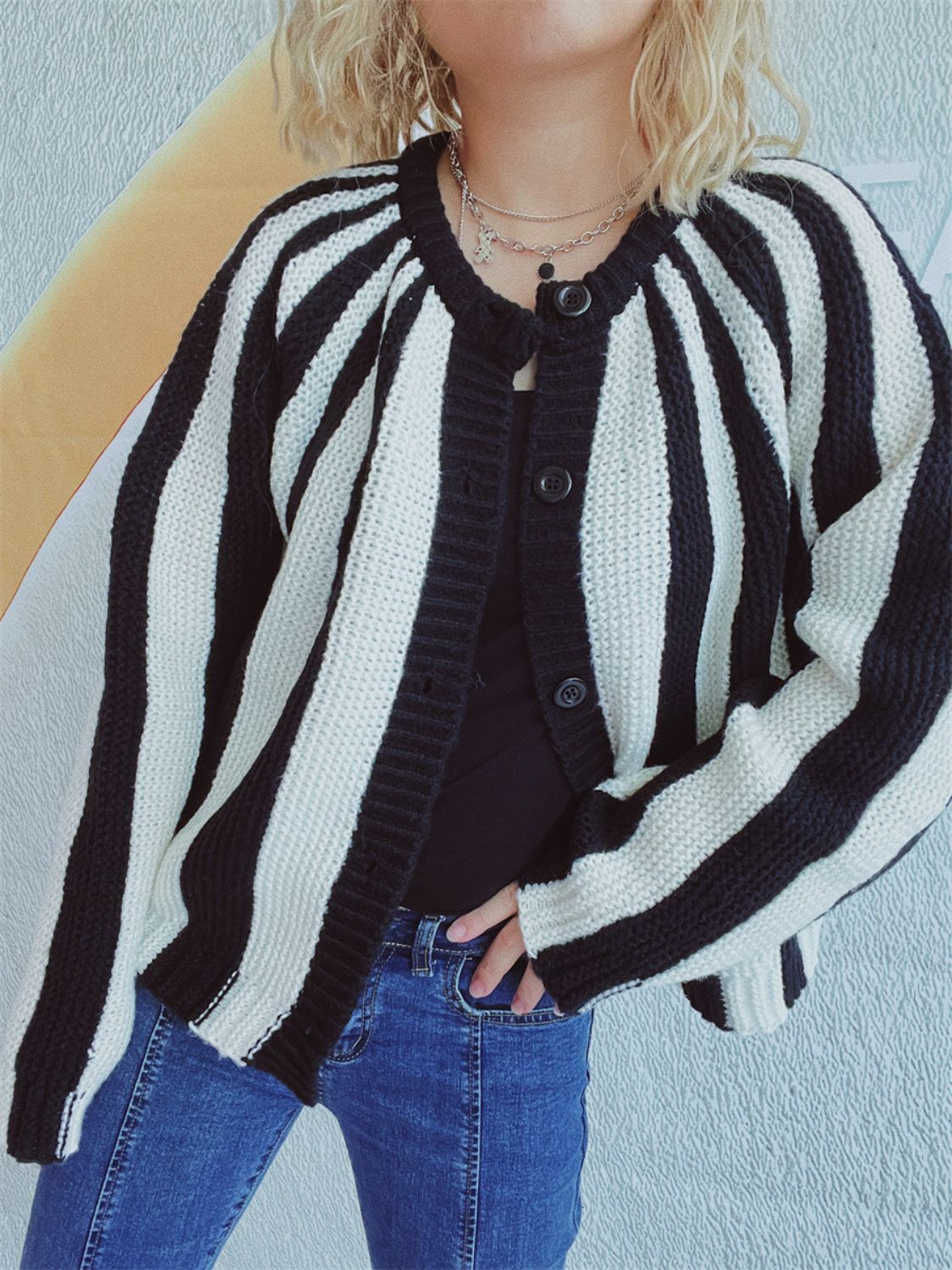 Contrast Stripes Button Down Long Sleeve Cardigan  Trendsi   