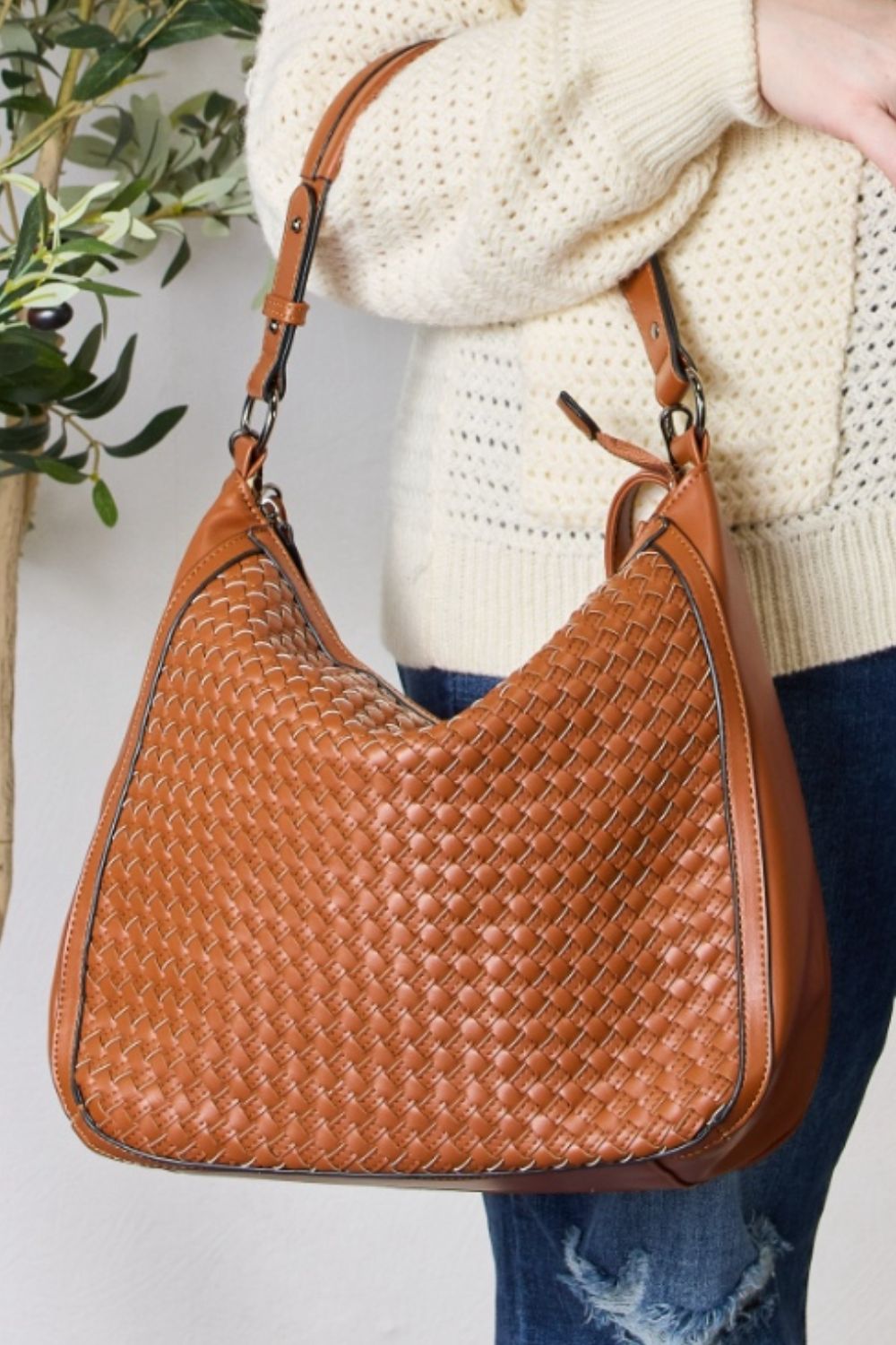 SHOMICO Weaved Vegan Leather Handbag  Trendsi TAN One Size 