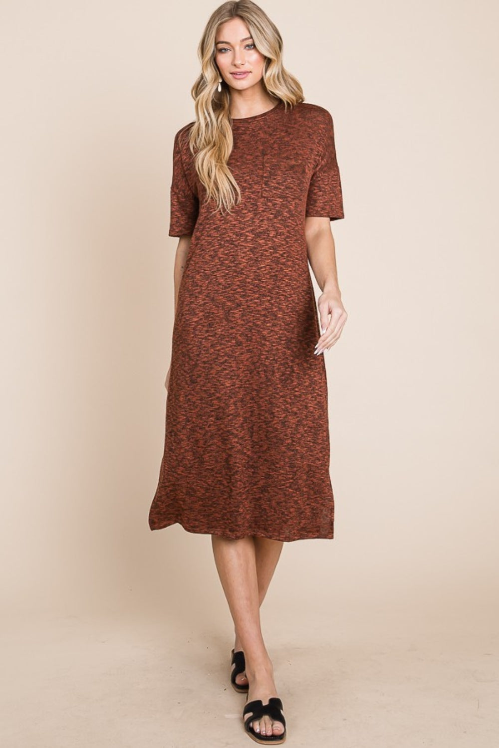 BOMBOM Round Neck Side Slit Midi Dress  Trendsi Rust S 