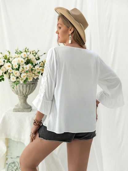 Plus Size Lace Detail V-Neck Three-Quarter Sleeve Blouse Blouse Trendsi   