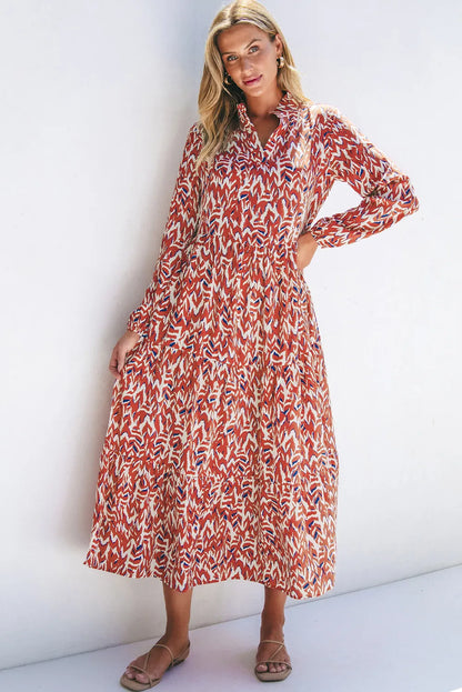 Printed Notched Long Sleeve Dress  Trendsi   