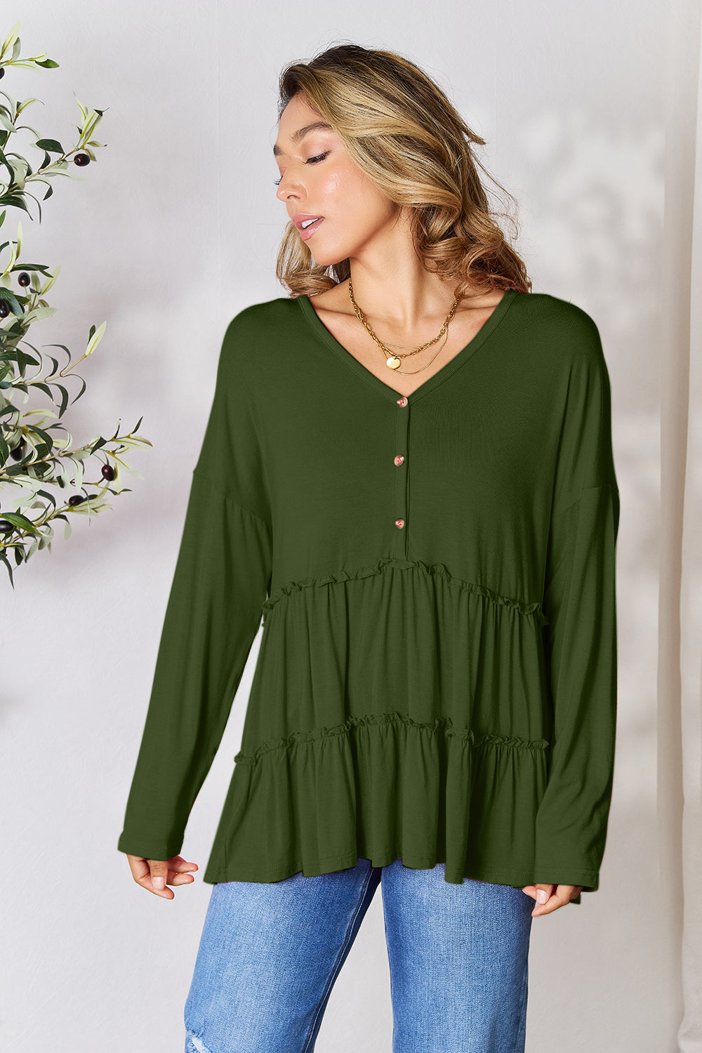 Double Take Half Button Long Sleeve Ruffle Hem Blouse Blouse Trendsi   