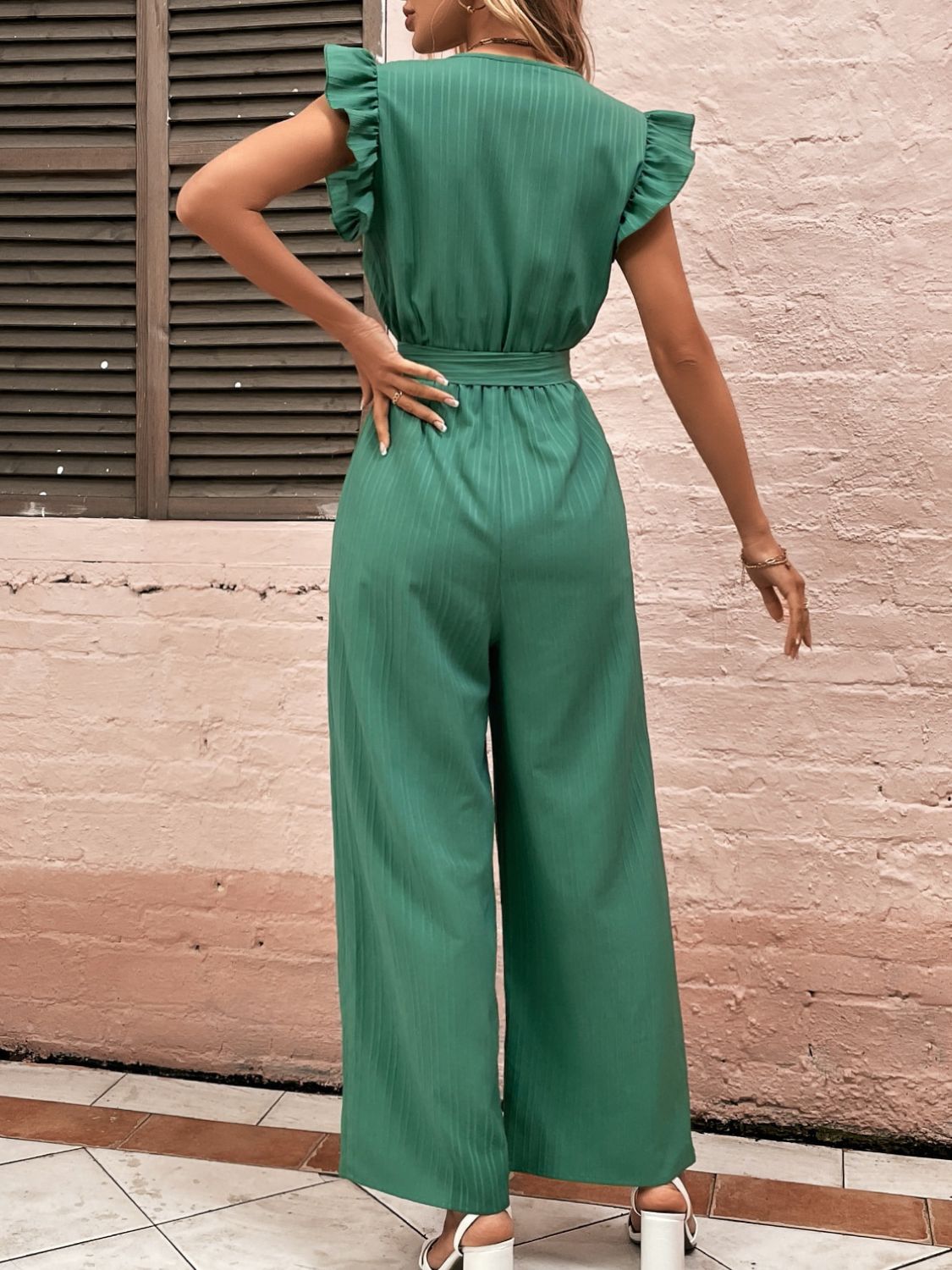 Ruffled Surplice Cap Sleeve Jumpsuit  Trendsi   