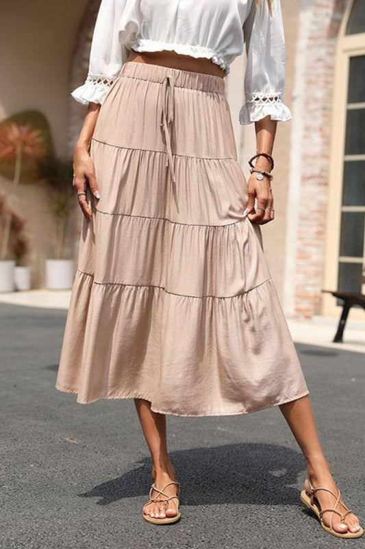 Perfee Elastic Waist Tiered Midi Skirt