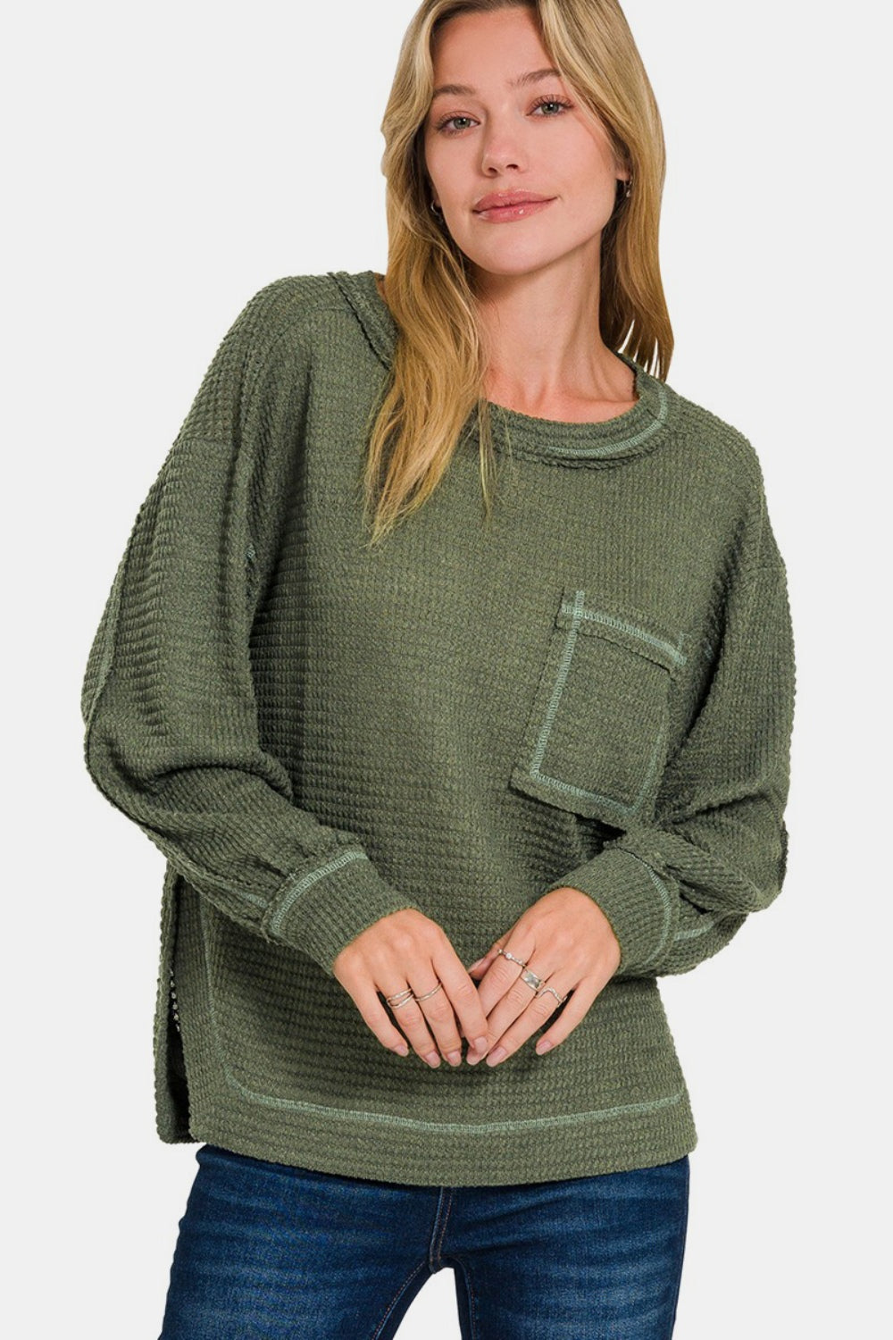 Zenana Exposed Seam Side Slit Long Sleeve Top  Trendsi Dk Olive S/M 