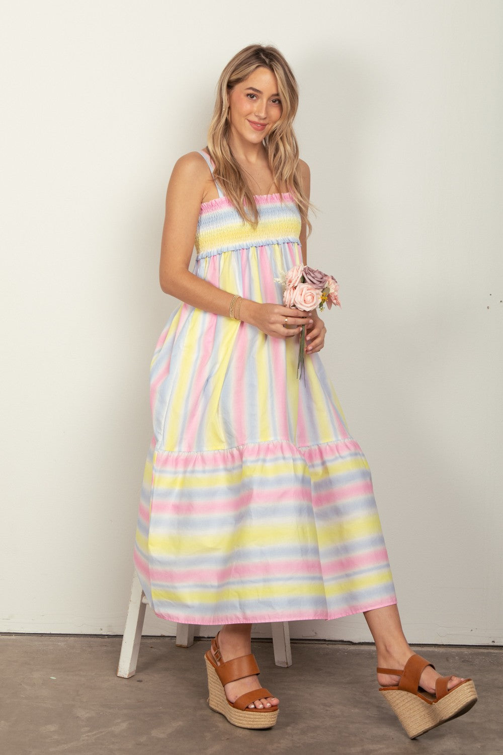 VERY J Striped Woven Smocked Midi Cami Dress  Trendsi   