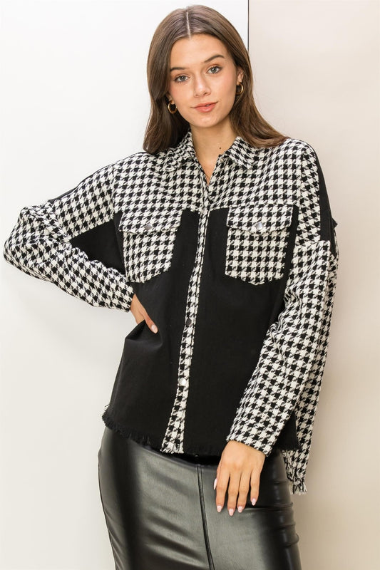 HYFVE Houndstooth Contrast Raw Hem Jacket  Trendsi Black S 