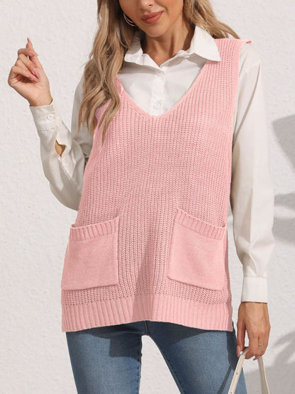 Pocketed V-Neck Sweater Vest  Trendsi Dusty Pink One Size 