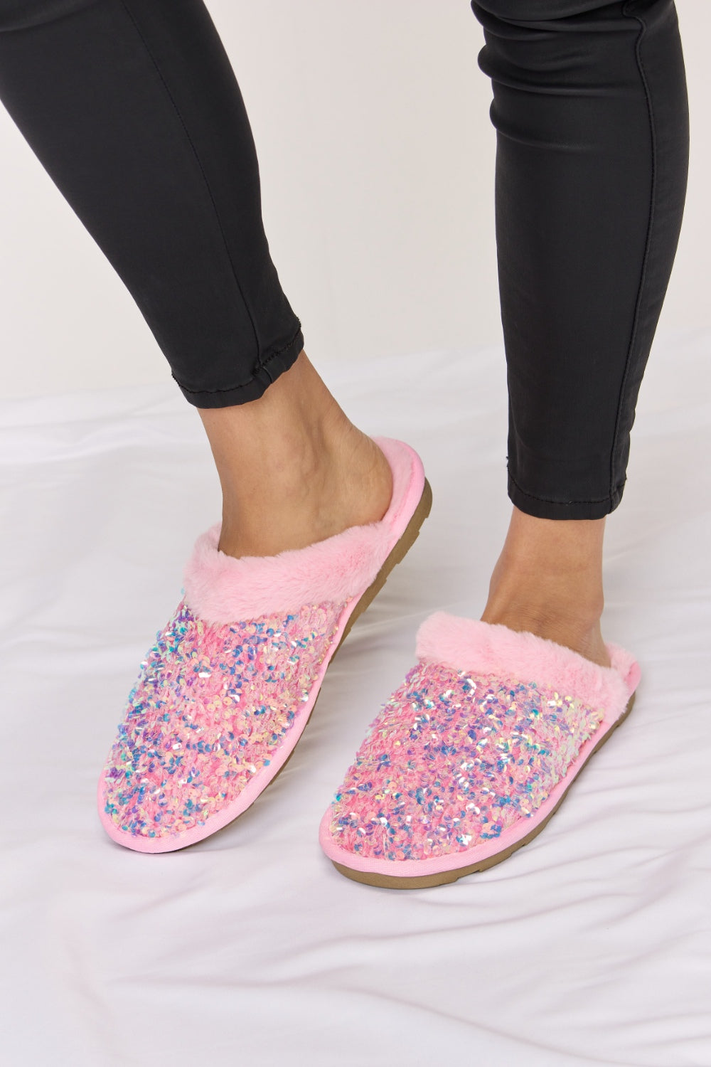 Forever Link Sequin Plush Round Toe Slippers  Trendsi   