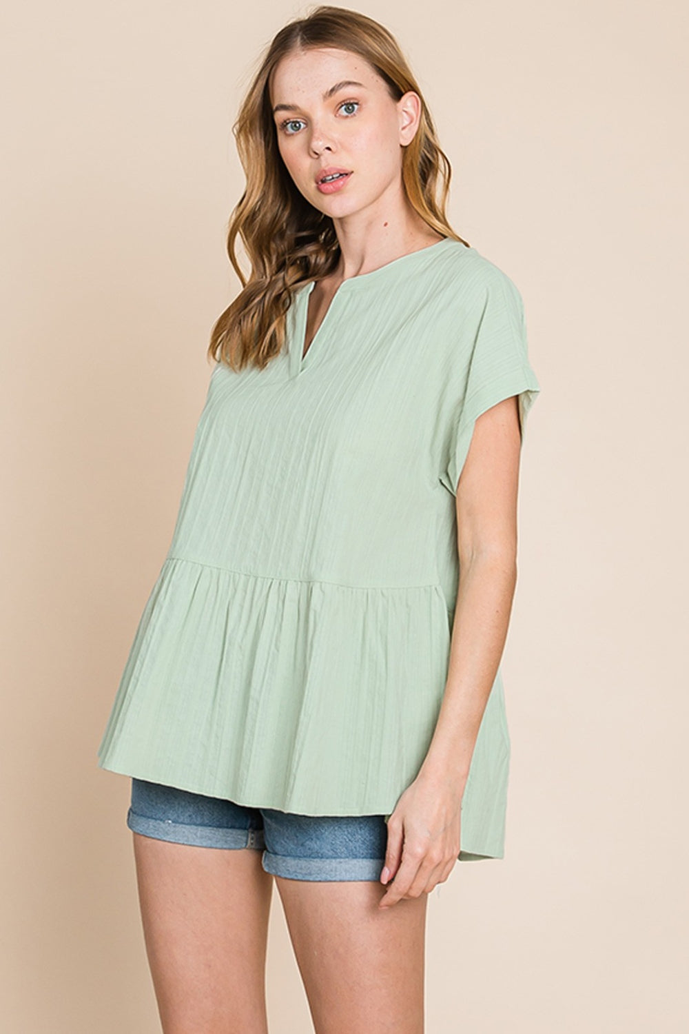 Cotton Bleu by Nu Lab Ruched Notched Short Sleeve Blouse  Trendsi Sage S 