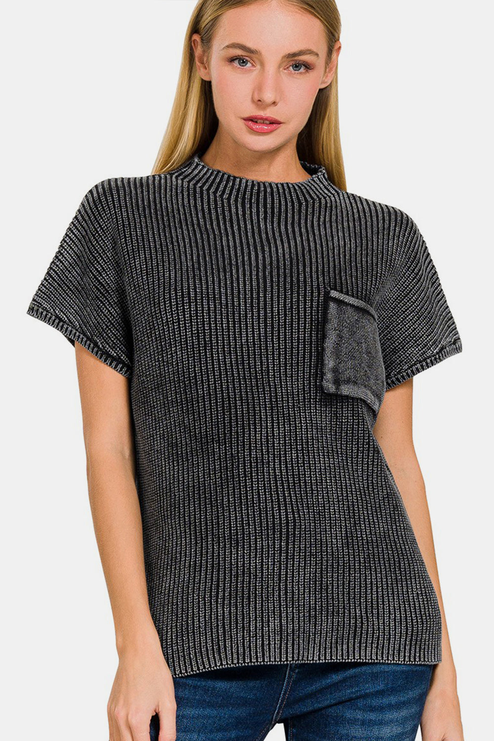 Zenana Pocketed Mock Neck Short Sleeve Sweater  Trendsi BLACK S/M 