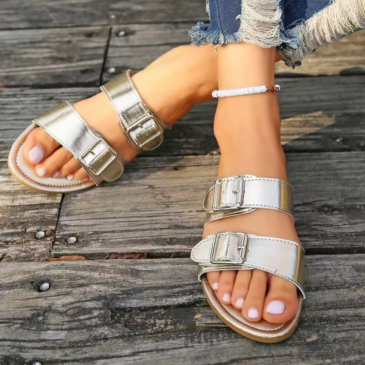 Open Toe Double Buckle Sandals  Trendsi   