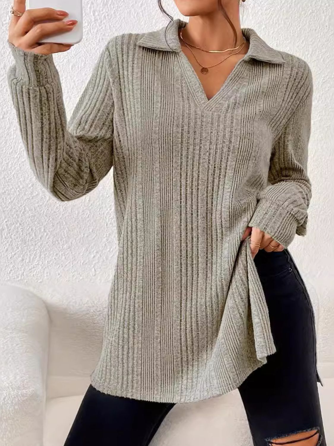 Slit Johnny Collar Long Sleeve Top Blouse Trendsi   