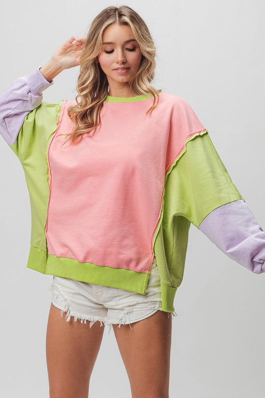 BiBi Washed Color Block Sweatshirt  Trendsi Pink/Lime/Lavender S 