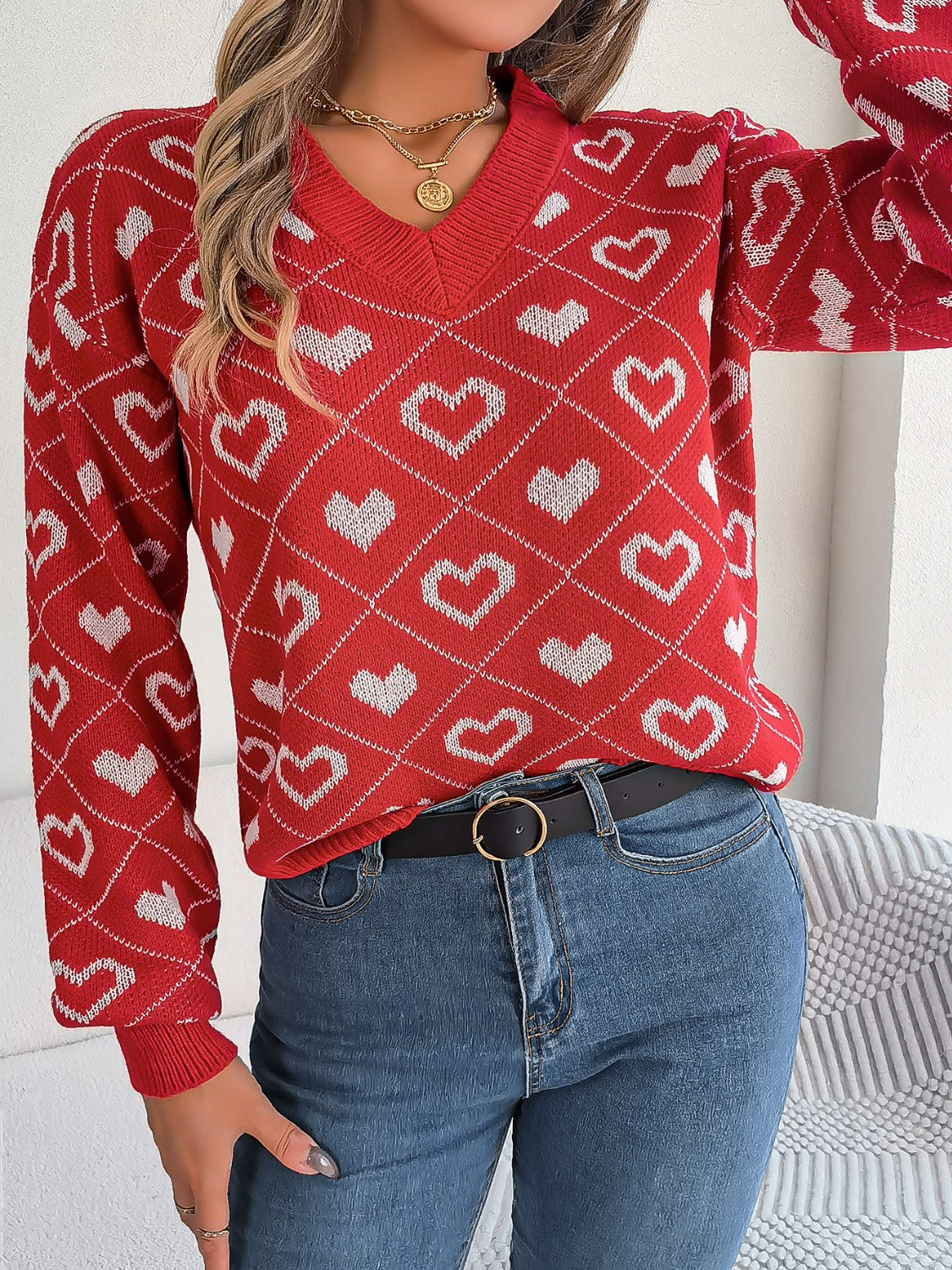 Heart Pattern V-Neck Long Sleeve Sweater  Trendsi   