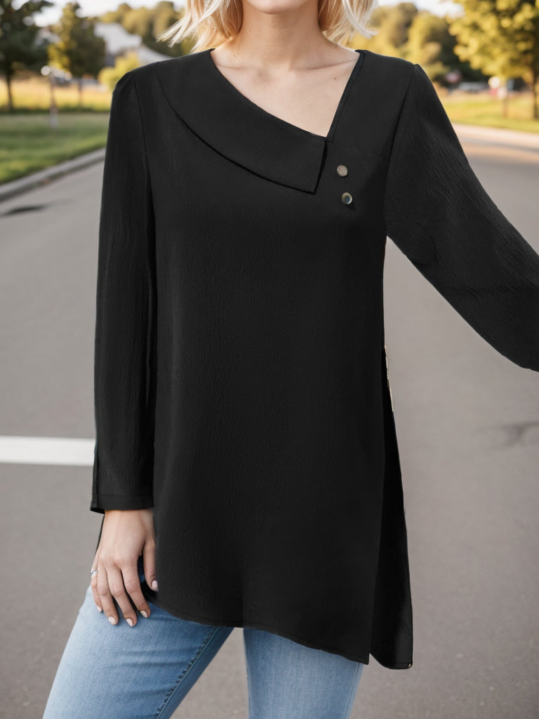 Asymmetrical Neck Long Sleeve Blouse Blouse Trendsi Black S 