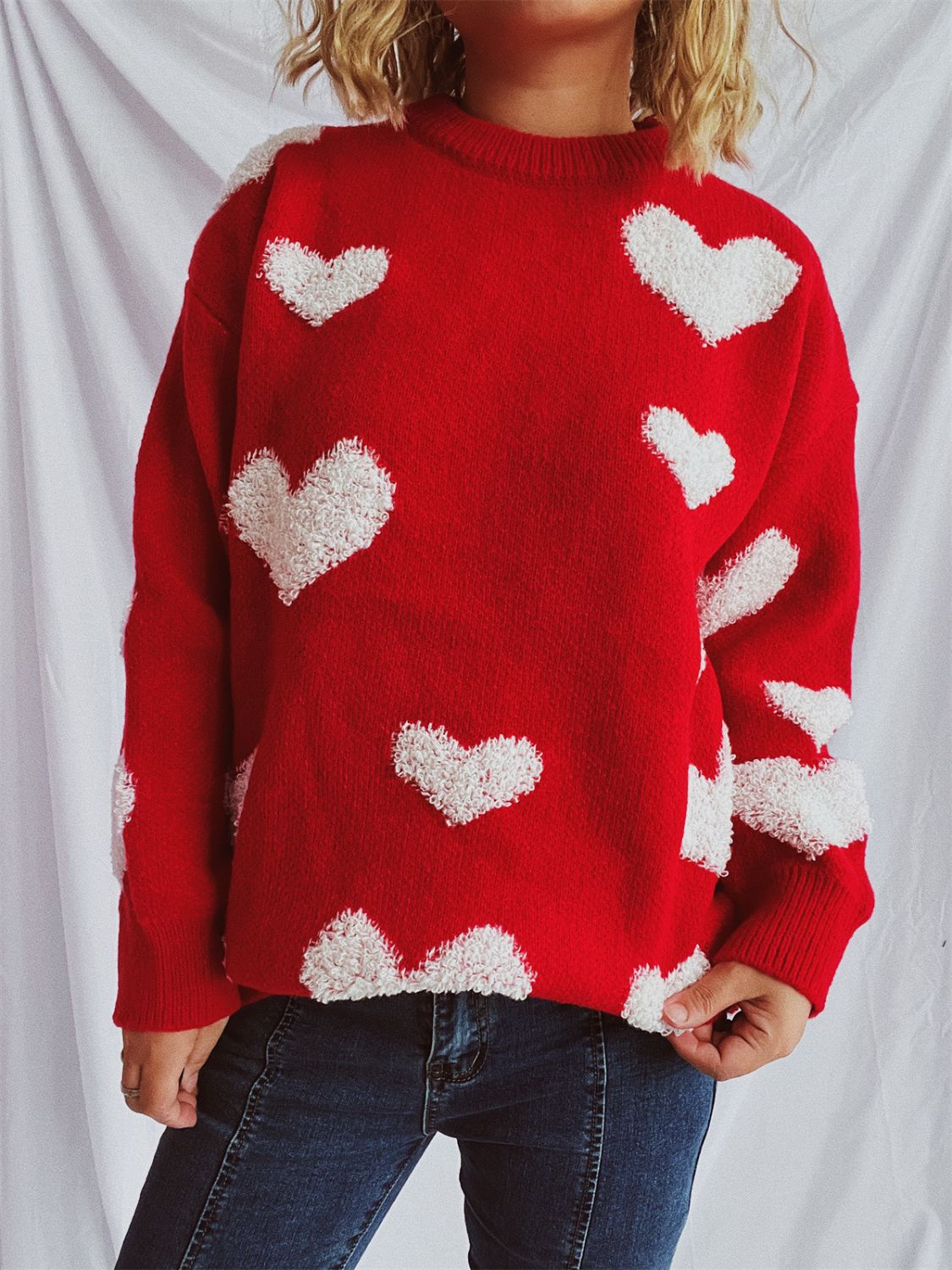 Heart Round Neck Dropped Shoulder Sweater  Trendsi Deep Red One Size 