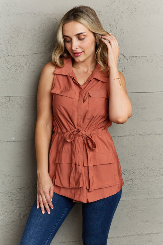 Ninexis Follow The Light Sleeveless Collared Button Down Top  Trendsi Rust S 