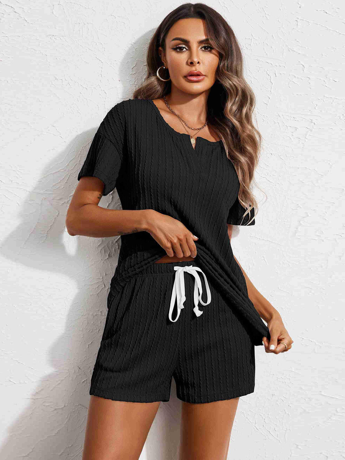 Notched Short Sleeve Top and Shorts Set Top And Short Set Trendsi   