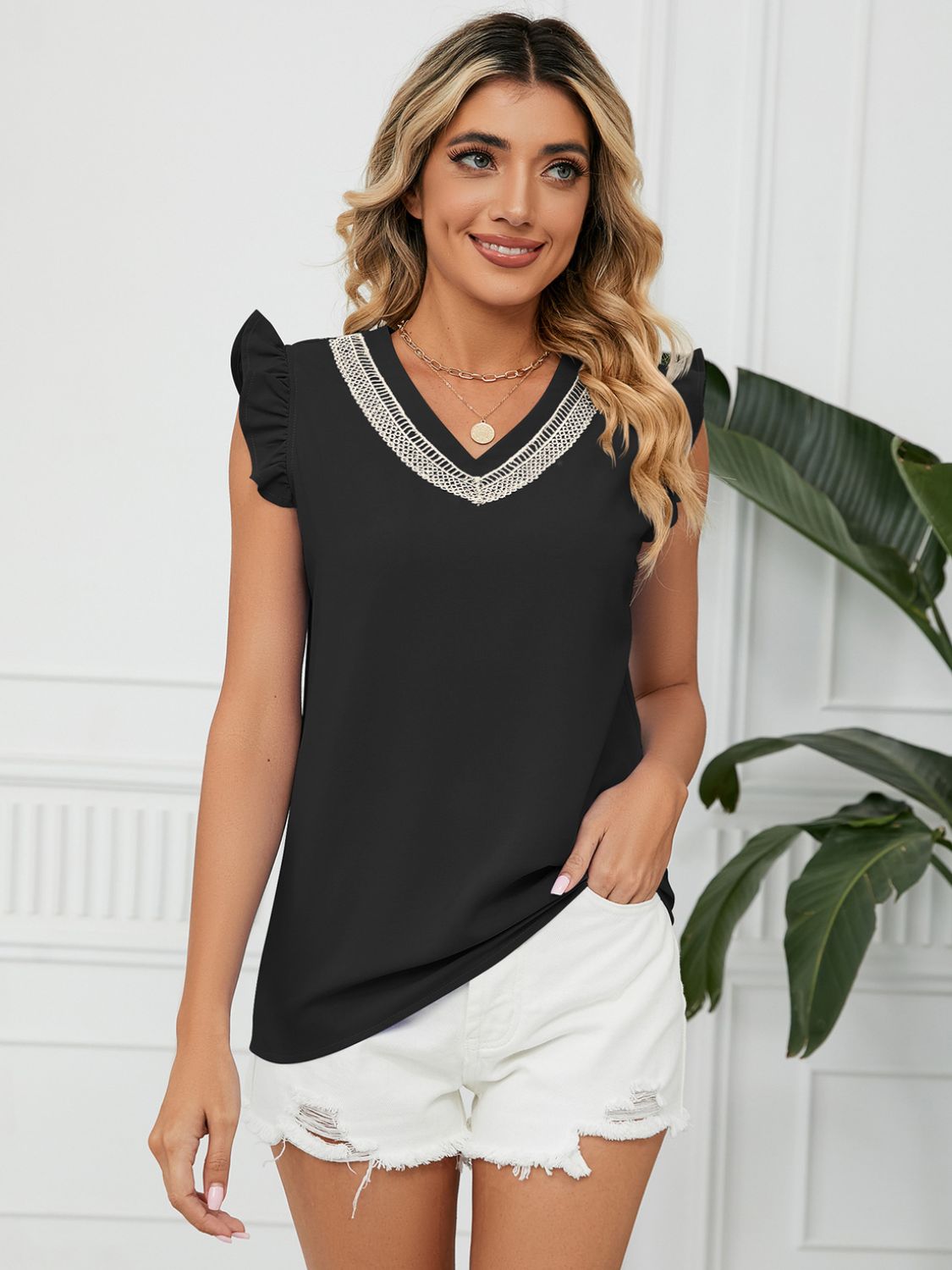 Ruffled V-Neck Cap Sleeve Blouse Blouse Trendsi   