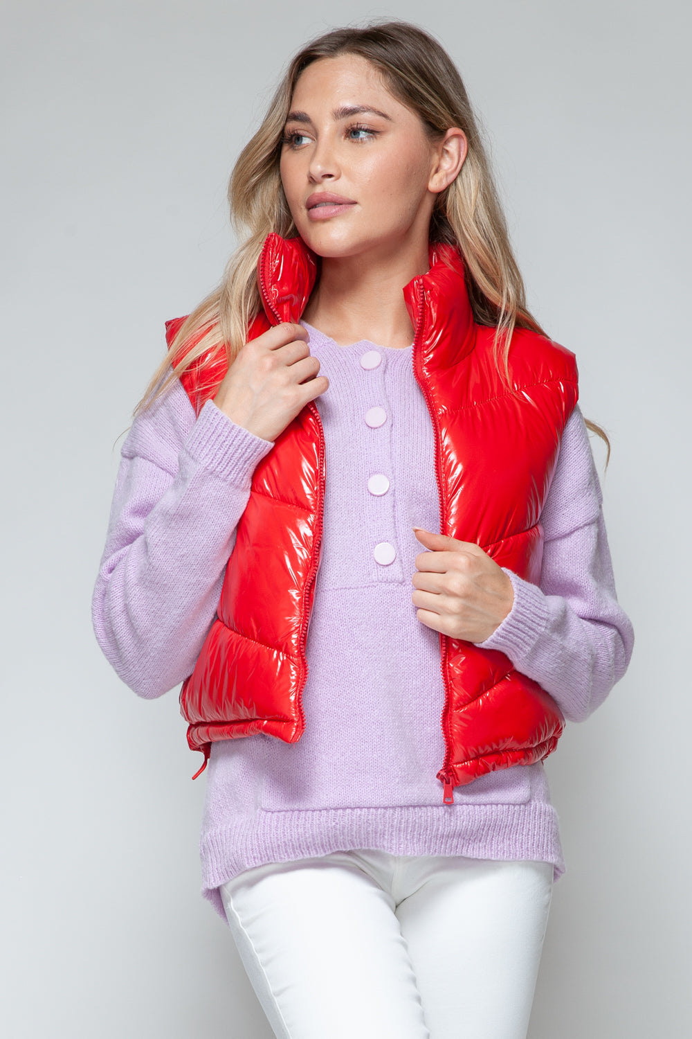 Snobbish Zip Up Turtleneck Shiny Quilted Vest  Trendsi   