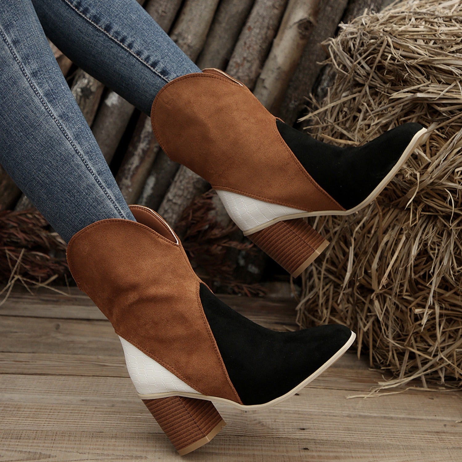 Suede Square Toe Block Heel Boots  Trendsi   