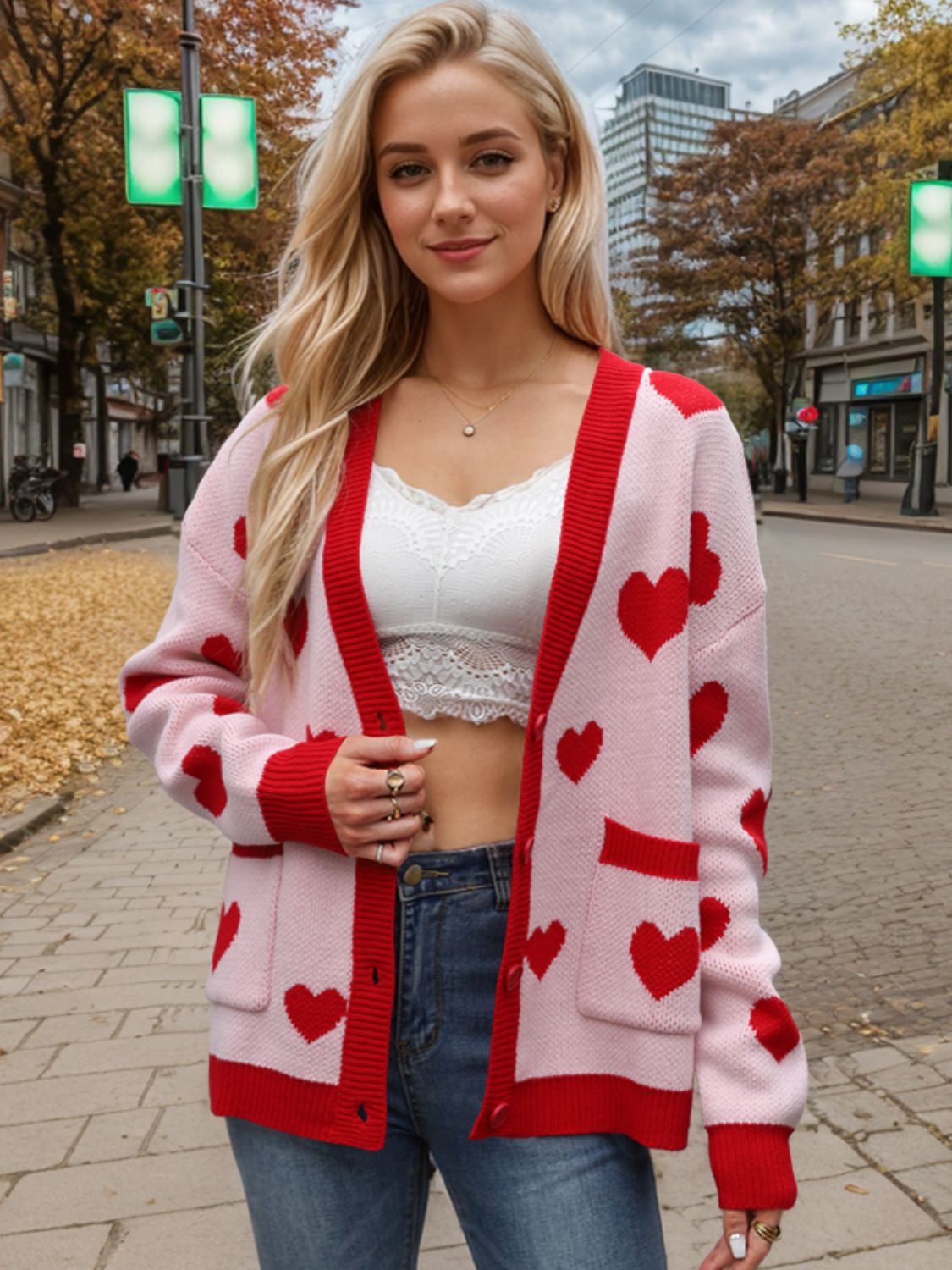 Heart Button Up Dropped Shoulder Long Sleeve Cardigan  Trendsi   