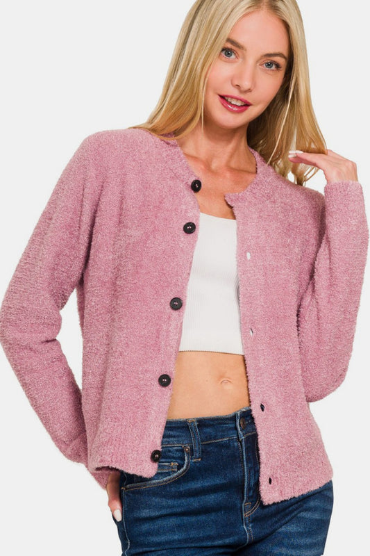 Zenana Button Down Long Sleeve Sweater Cardigan  Trendsi Lt Rose S 