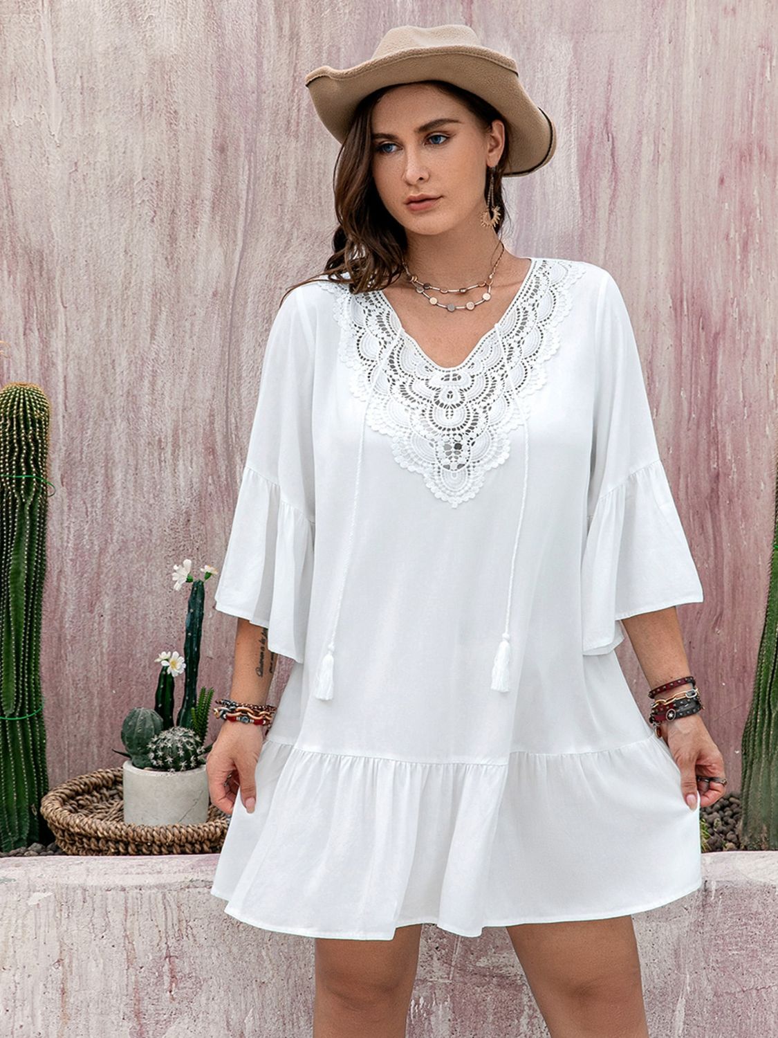 Plus Size Lace Detail Tie Neck Three-Quarter Sleeve Mini Dress Dress Trendsi White 0XL 