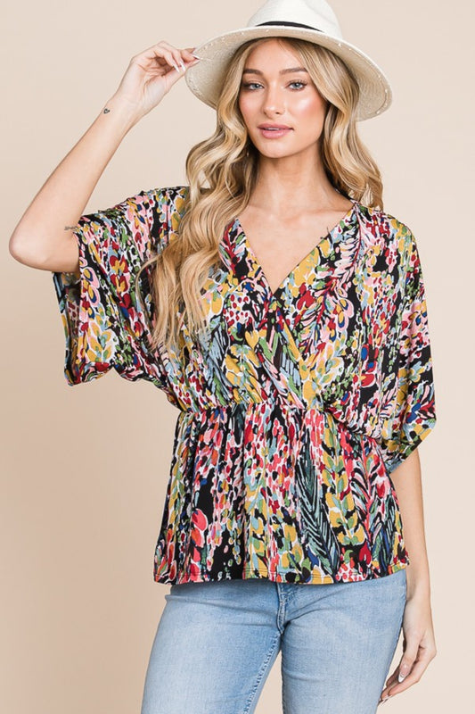 BOMBOM Printed Surplice Peplum Blouse  Trendsi Floral S 