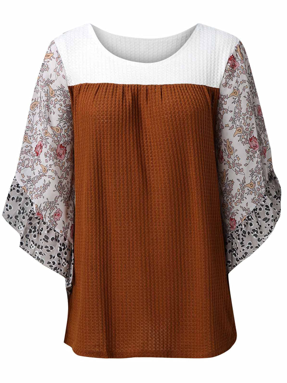 Full Size Printed Round Neck Three-Quarter Sleeve Blouse  Trendsi   