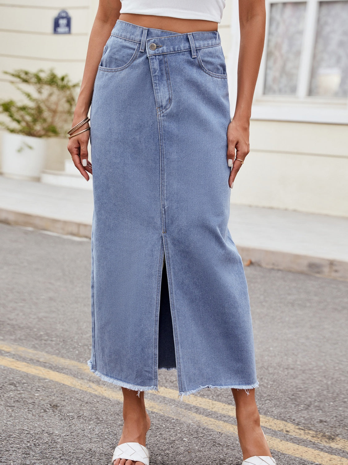 Slit Asymmetrical Waist Denim Skirt