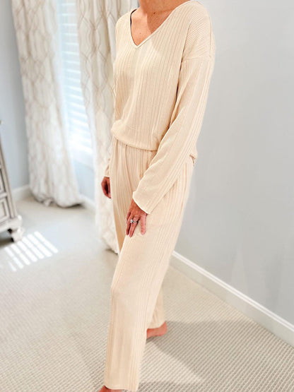 V-Neck Long Sleeve Top and Pants Set  Trendsi   