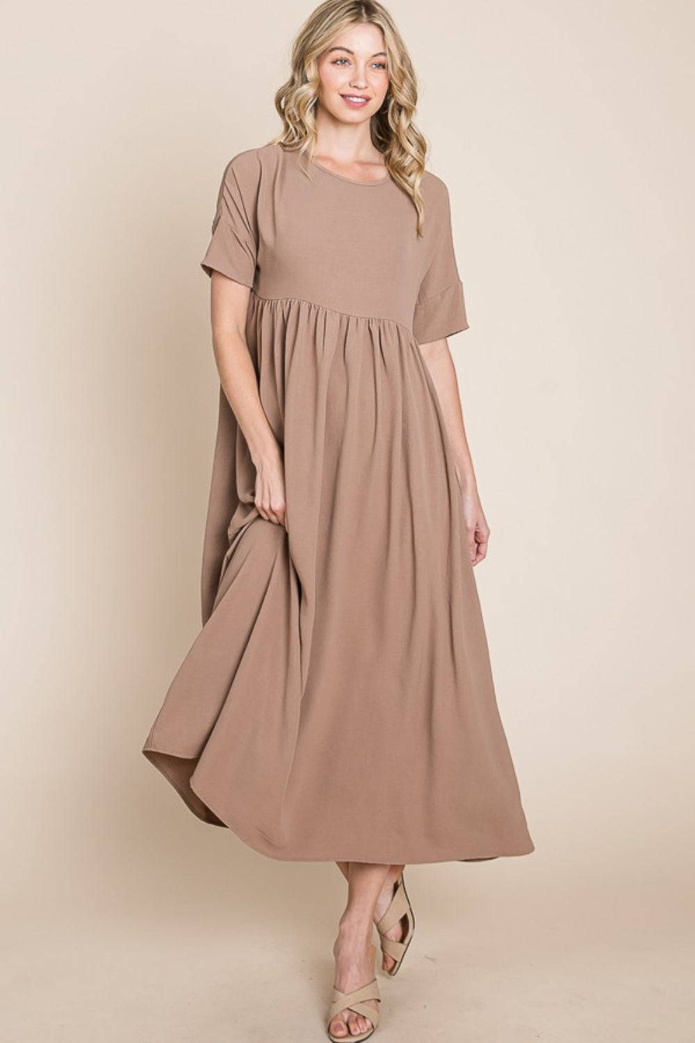 BOMBOM Round Neck Ruched Midi Dress  Trendsi   