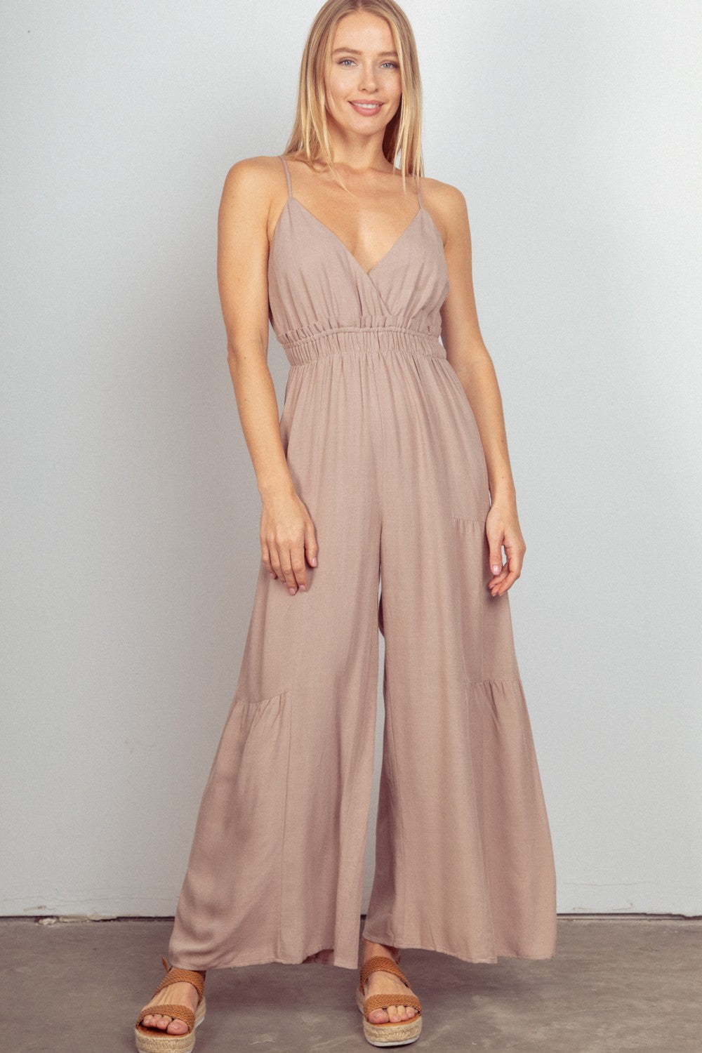 VERY J Sleeveless Ruched Wide Leg Jumpsuit  Trendsi Natural S 