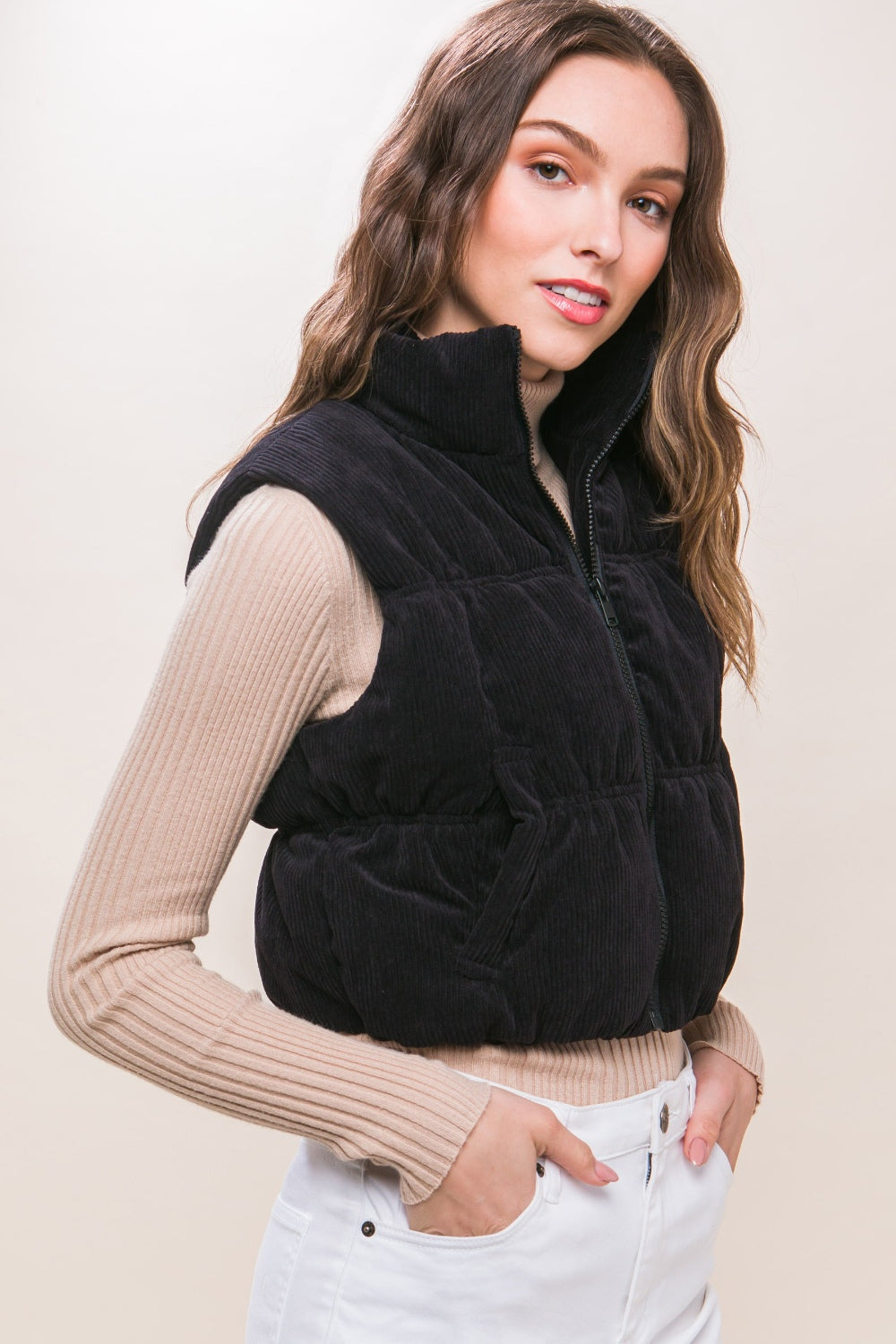 Love Tree Corduroy Zip Up Puffer Vest with Pockets  Trendsi   