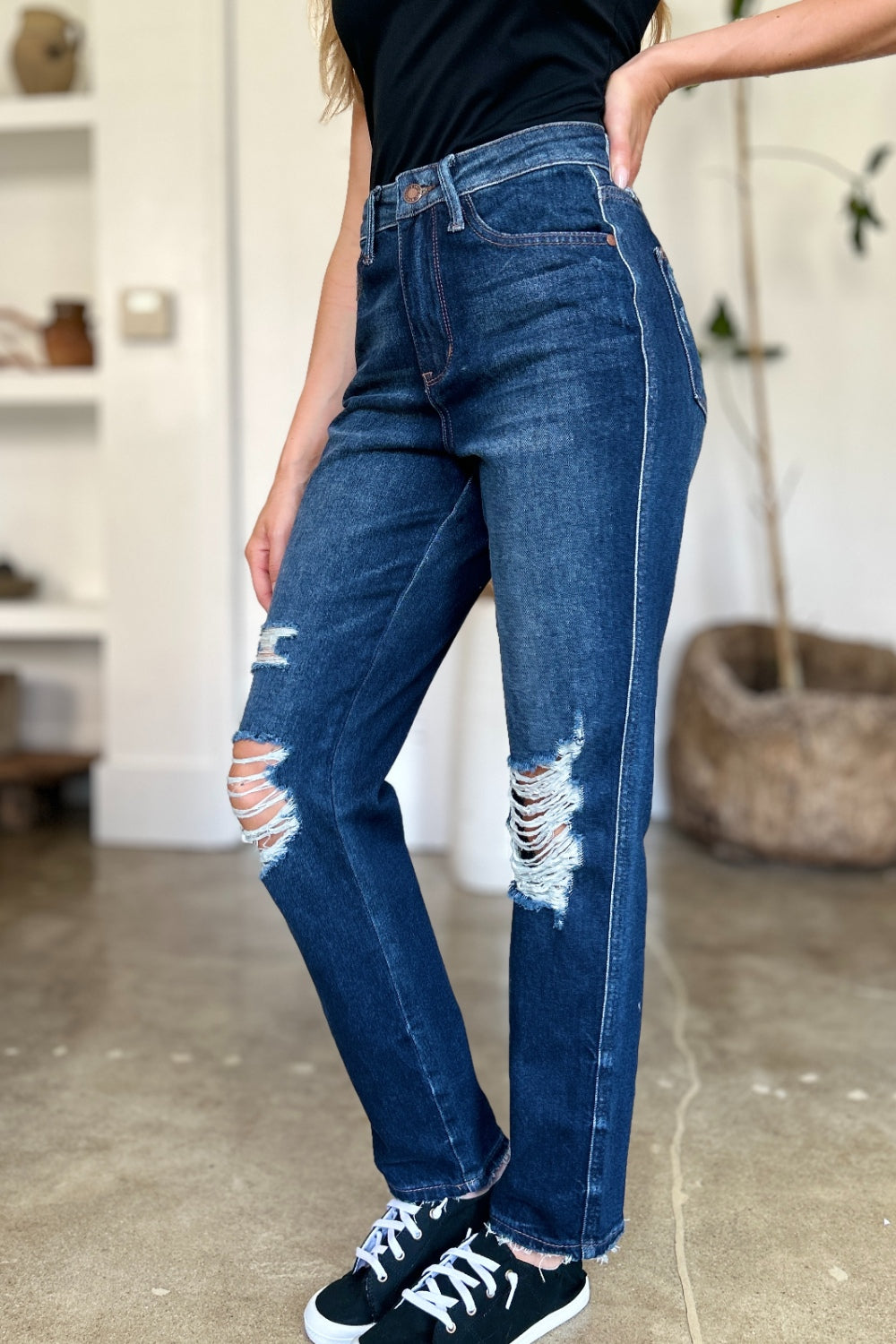 Judy Blue Full Size High Waist Rigid Magic Heavy Destroy Straight Jeans  Trendsi   